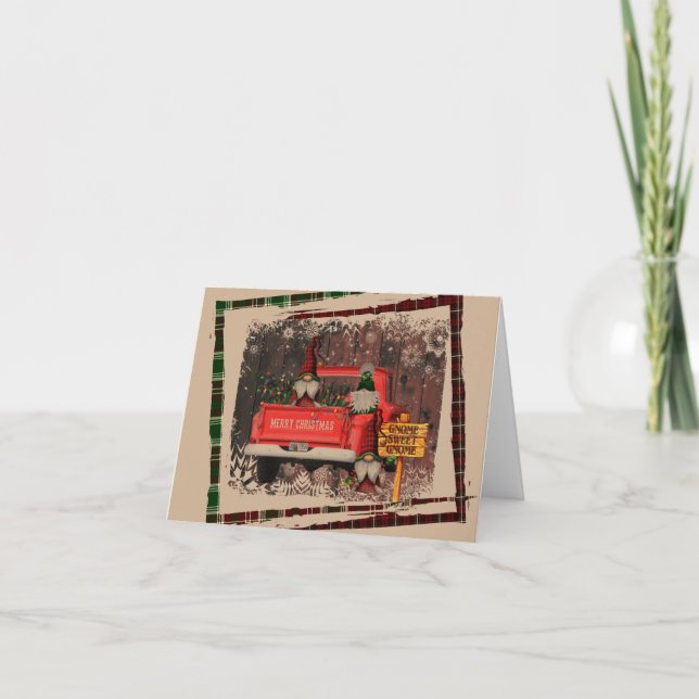 Christmas Gnome Sweet Gnome Red Truck Plaid Rustic Card (Front)