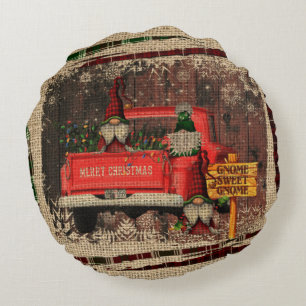 Christmas Gnome Sweet Gnome Red Truck Plaid Rustic Round Cushion