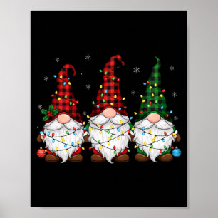 Christmas Gnome Trio Buffalo Plaid Lights Cute Xma Poster