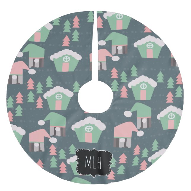 Christmas Gnome Village Pink Green Family Initial Brushed Polyester Tree Skirt (Front)