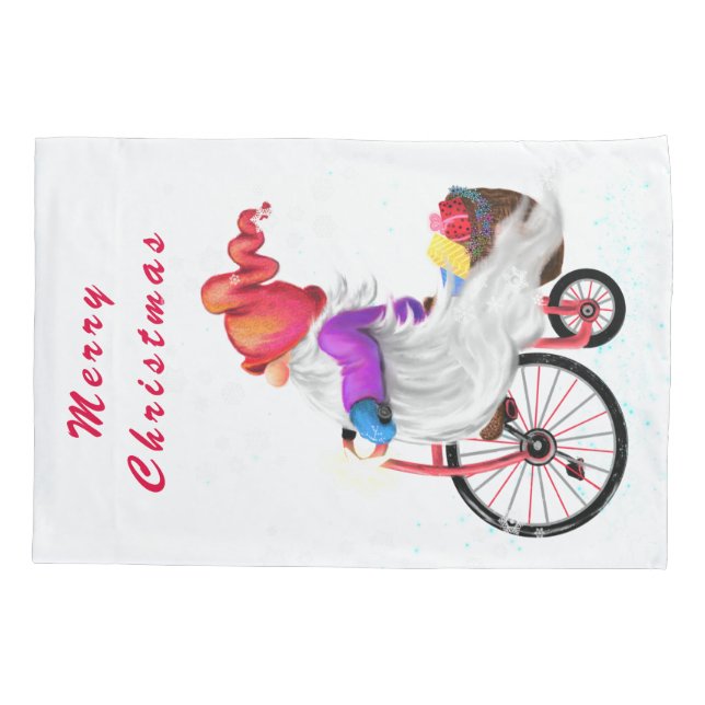 Christmas Gnome with Bike and Gift Pillow Case (Back)