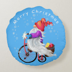 Christmas Gnome with Bike and Gift Round Pillow