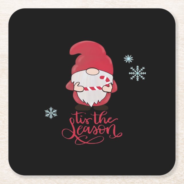 Christmas Gnome With Candycane Square Paper Coaster (Front)