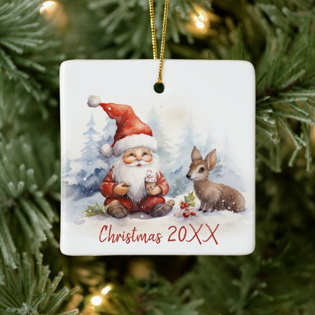 Christmas Gnome With Fawn Ceramic Ornament (Tree)