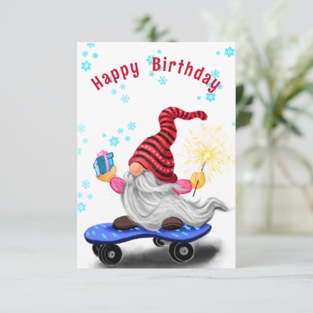 Christmas Gnome with Gift Funny Birthday Card (Standing Front)
