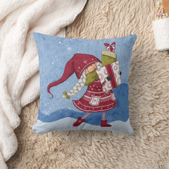 Christmas Gnome with Gifts Throw Pillow (Blanket)
