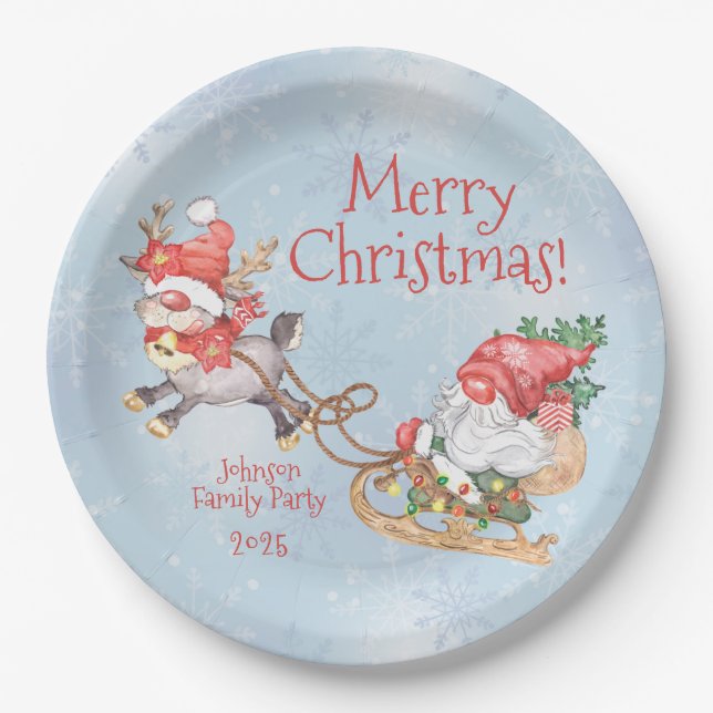 Christmas Gnome with Reindeer Personalised Party Paper Plate (Front)