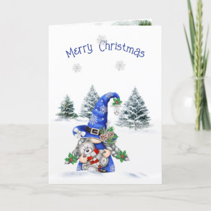 Christmas Gnome with Teddy Bear   Holiday Card