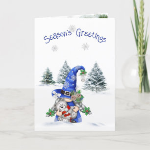 Christmas Gnome with Teddy Bear  Holiday Card