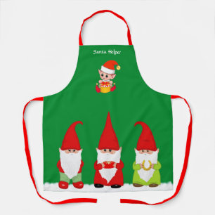 Christmas Gnomes and Cute Elf on Green  Apron