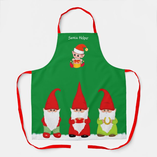 Christmas Gnomes and Cute Elf on Green  Apron (Front)