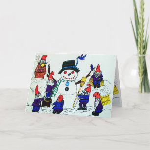 CHRISTMAS,GNOMES BUILD A SNOWMAN card