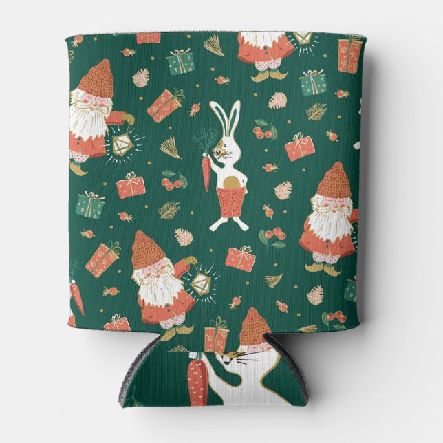 Christmas Gnomes, Bunny Holiday Pattern. Can Cooler (Front)