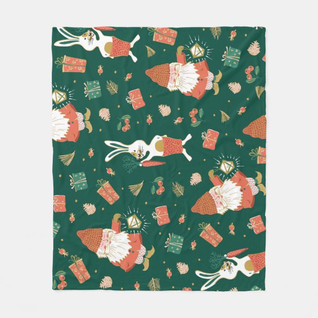 Christmas Gnomes, Bunny Holiday Pattern. Fleece Blanket (Front)