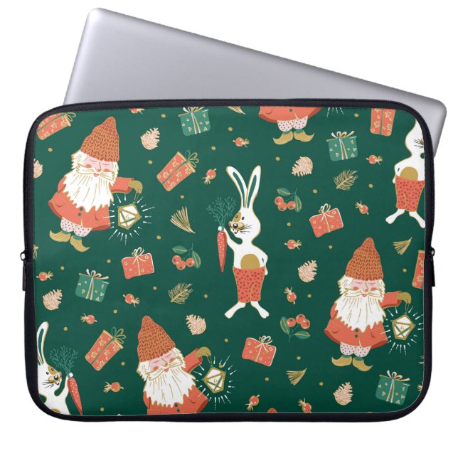 Christmas Gnomes, Bunny Holiday Pattern. Laptop Sleeve (Front)