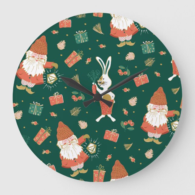 Christmas Gnomes, Bunny Holiday Pattern. Large Clock (Front)