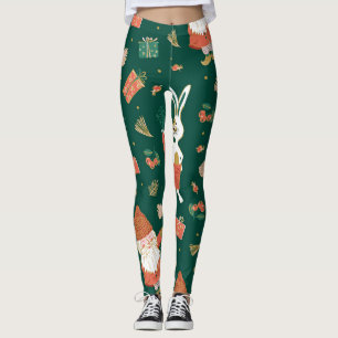 Christmas Gnomes, Bunny Holiday Pattern. Leggings