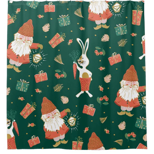Christmas Gnomes, Bunny Holiday Pattern. Shower Curtain (Front)