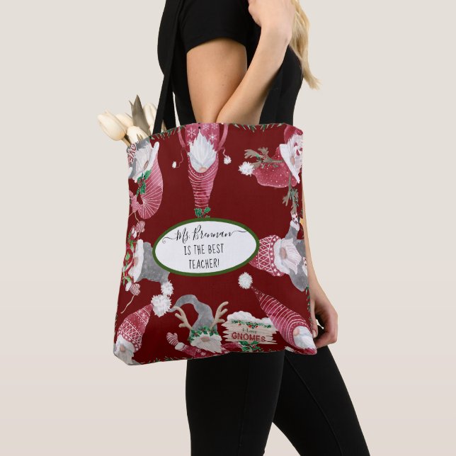 Christmas Gnomes Burgundy Holly Best Teacher Name Tote Bag (Close Up)