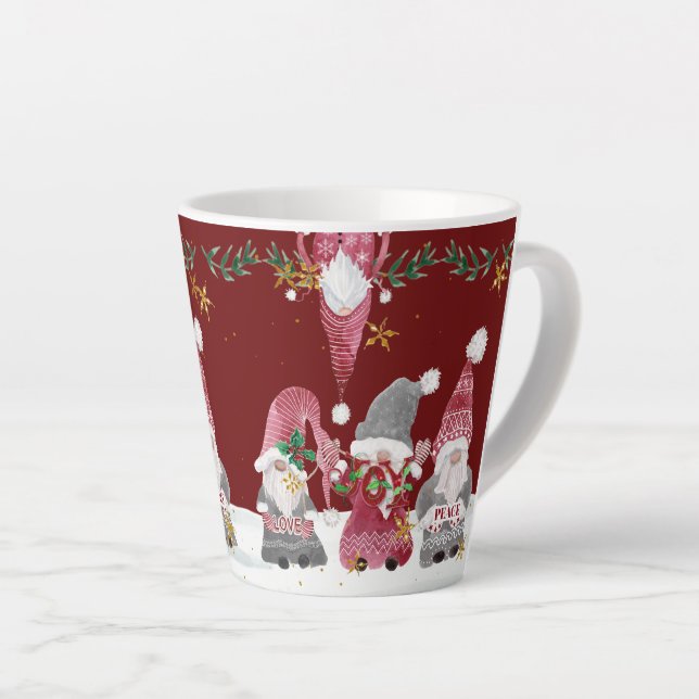 Christmas Gnomes Burgundy Love Joy Peace Foliage Latte Mug (Right Angle)