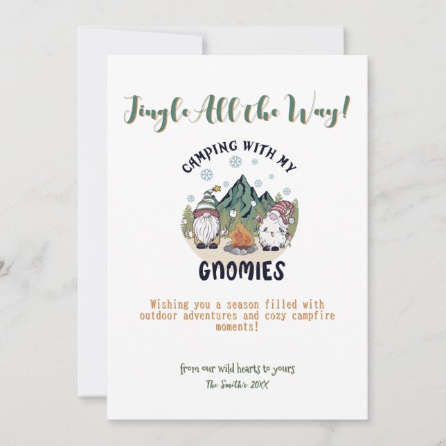 Christmas Gnomes Camp Mountains Outdoor Adventure Holiday Card (Front)