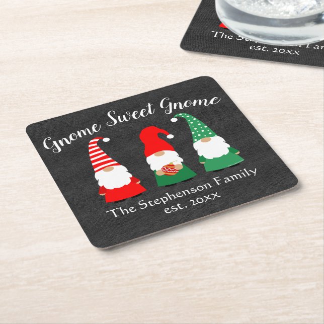 Christmas Gnomes Cute Holiday Custom Personalised Square Paper Coaster (Angled)