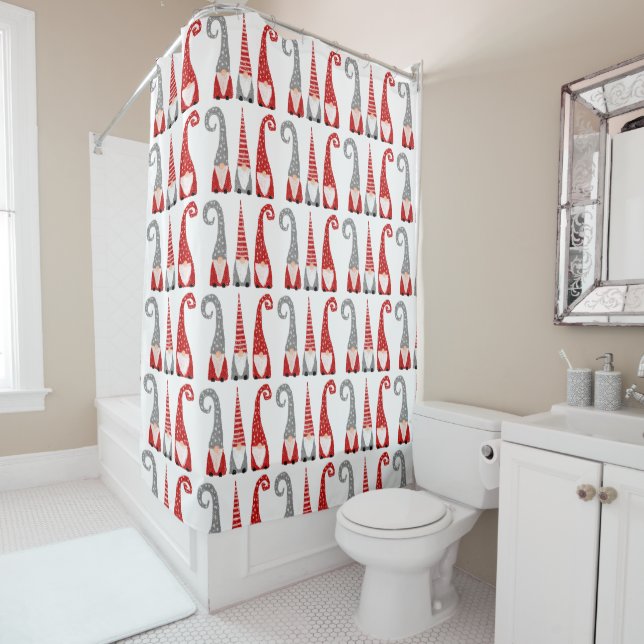 Christmas Gnomes Dwarves Pattern Red Grey White Shower Curtain (In Situ)