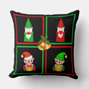 Christmas  gnomes & elves on black, green & red cushion