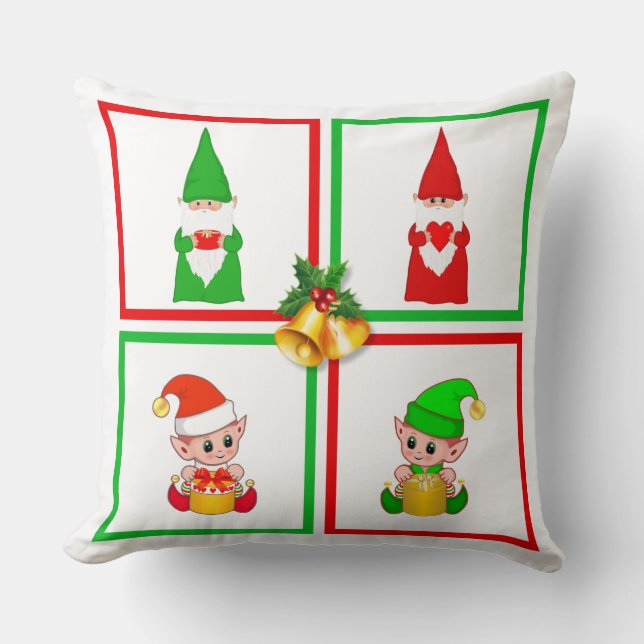 Christmas  gnomes & elves on white, green & red cushion (Front)