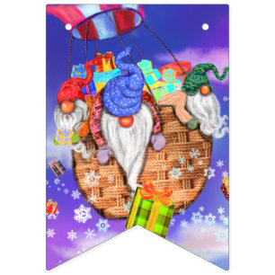 Christmas Gnomes Flying A Balloon and Gives Gifts Bunting