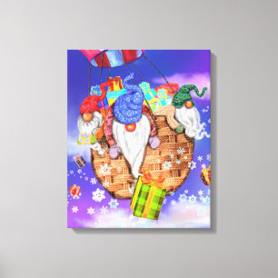Christmas Gnomes Flying A Balloon and Gives Gifts  Canvas Print