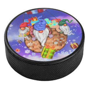 Christmas Gnomes Flying A Balloon and Gives Gifts Hockey Puck