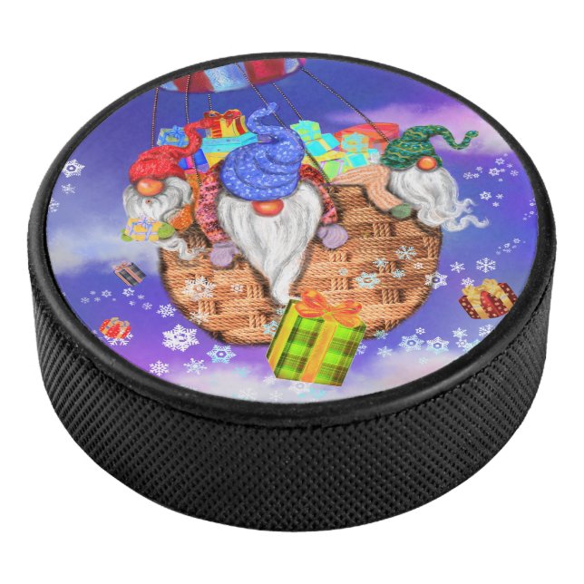 Christmas Gnomes Flying A Balloon and Gives Gifts  Hockey Puck (3/4)