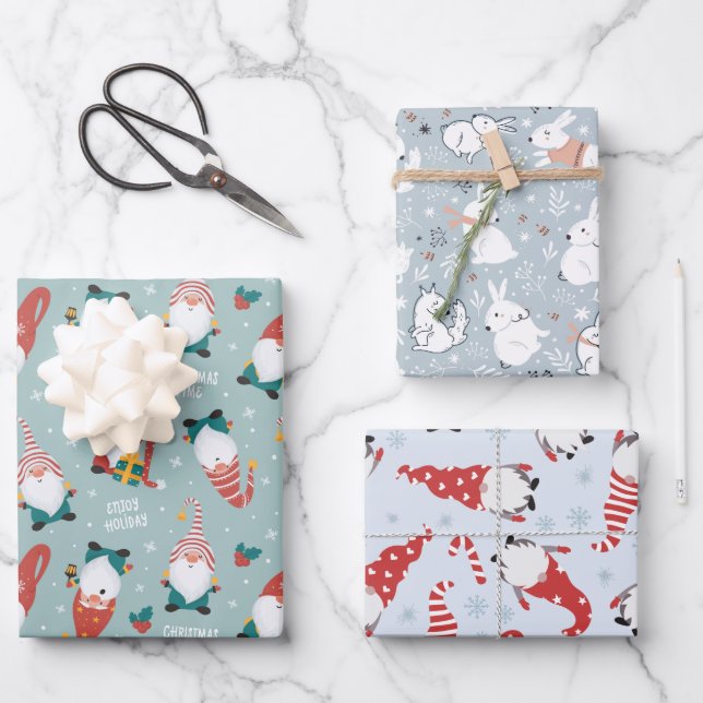 Christmas gnomes, forest animals winter patterns wrapping paper sheet (Front)