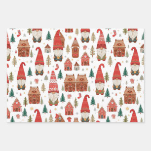 Christmas Gnomes & Gingerbread Nordic Village Wrapping Paper Sheet