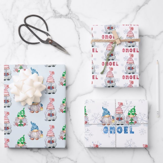 Christmas Gnomes GNOEL Winter Snowflake Wrapping P Wrapping Paper Sheet (Front)