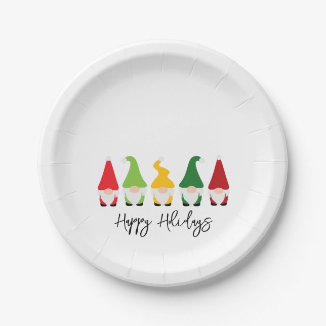 Christmas Gnomes Happy Holidays Festive Holiday Paper Plate (Front)