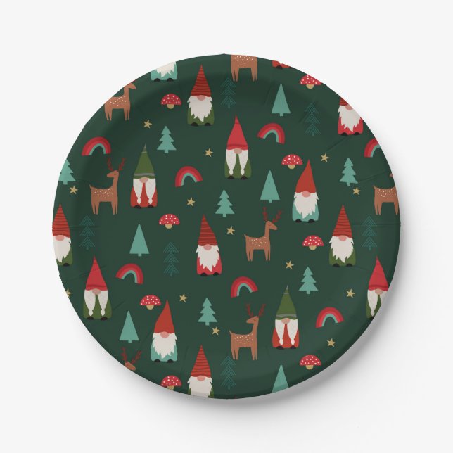 Christmas Gnomes Holiday dark green Paper Plate (Front)