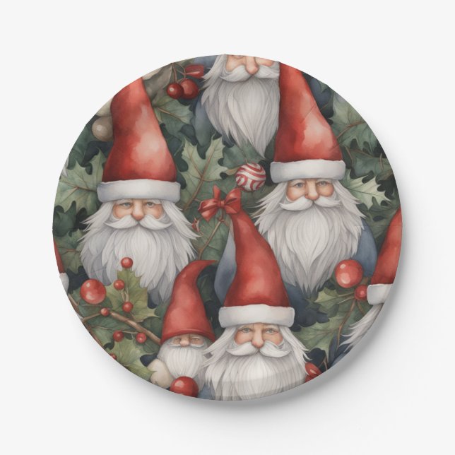 Christmas Gnomes Holiday Watercolor Paper Plate (Front)