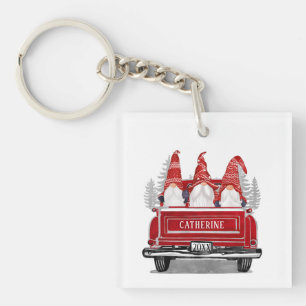 Christmas Gnomes in Hats Vintage Red Truck Holiday Key Ring