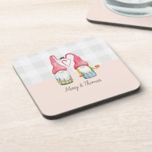Christmas Gnomes In Love Watercolor Hand-painted Coaster