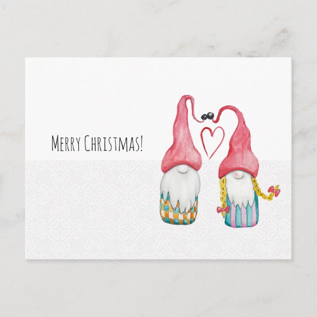 Christmas Gnomes In Love Watercolor Hand-painted Holiday Postcard (Front)