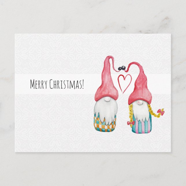 Christmas Gnomes In Love Watercolor Hand-painted Postcard (Front)