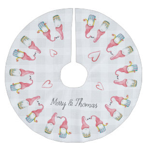 Christmas Gnomes In Love Watercolor Monogrammed Brushed Polyester Tree Skirt