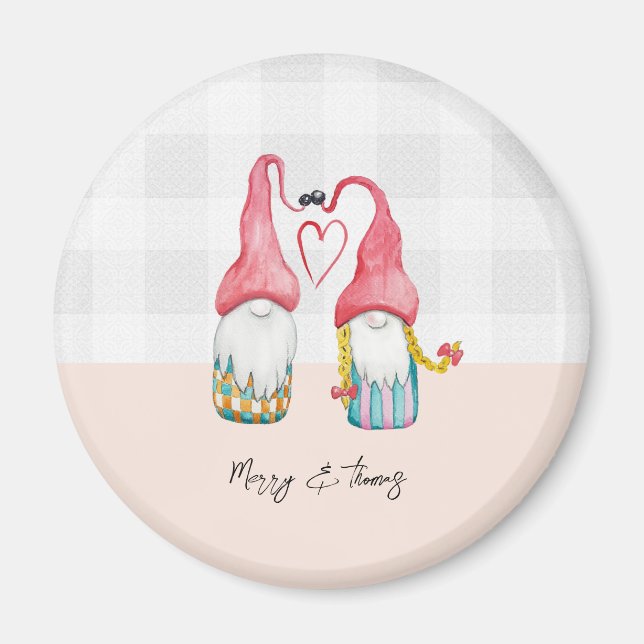 Christmas Gnomes In Love Watercolor Monogrammed Magnet (Front)
