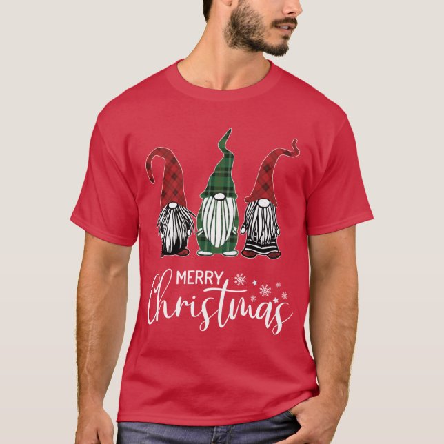 Christmas Gnomes In Plaid Hats Funny Gift Merry Xm T-Shirt (Front)