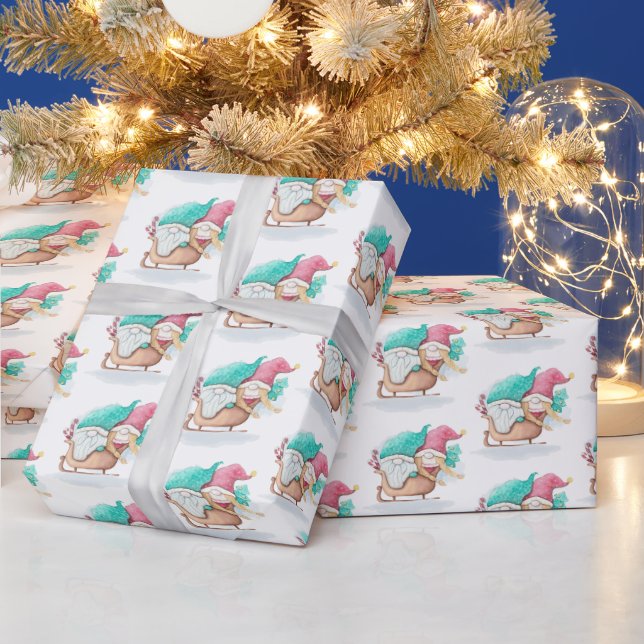 Christmas Gnomes In Sled Wrapping Paper (Holidays)