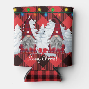 Christmas Gnomes Merry Cheer Red Plaid Can Cooler
