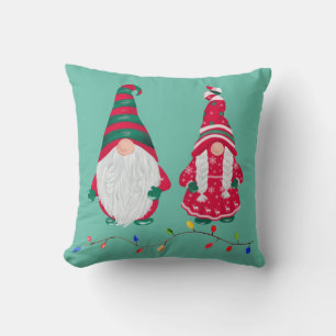 Christmas Gnomes, Mr & Mrs Claus Watercolor Wreath Cushion