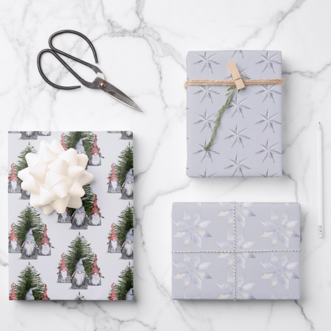 Christmas Gnomes Nordic Blue Snowflakes Stars Wrapping Paper Sheet (Front)